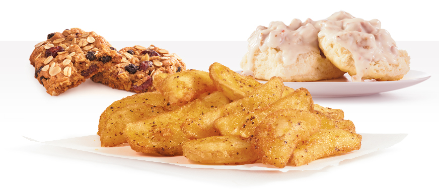 Lados de Desayuno y Más: Sausage &amp; Gravy Biscuit, crispy potatoes, oatmeal bar