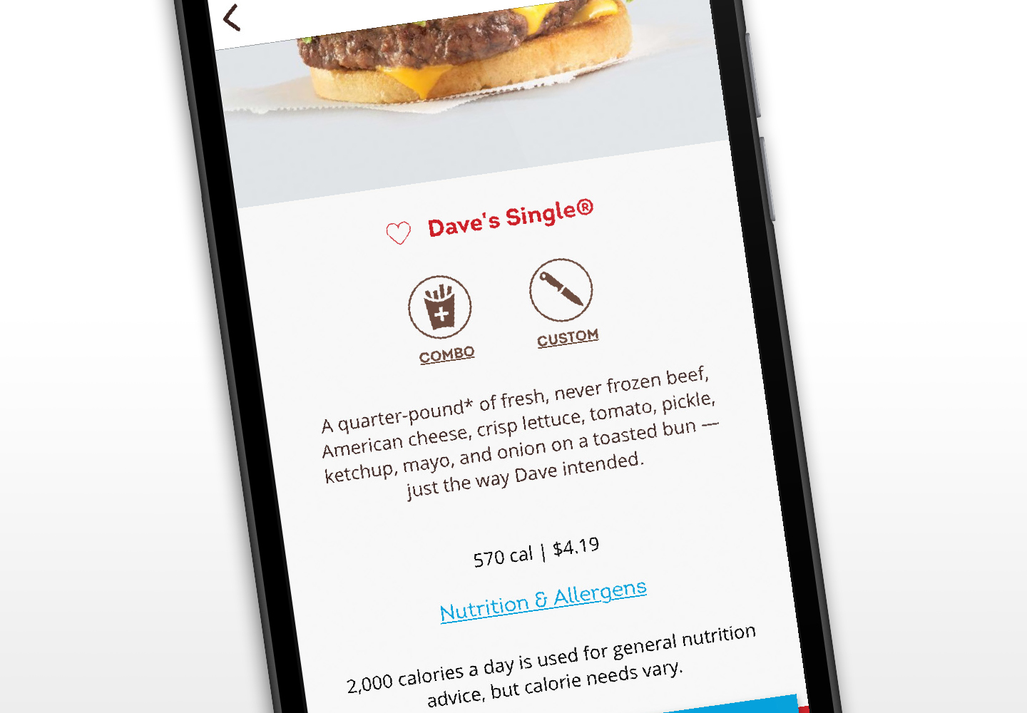 Aplicación móvil de Wendy's, menú e información nutricional