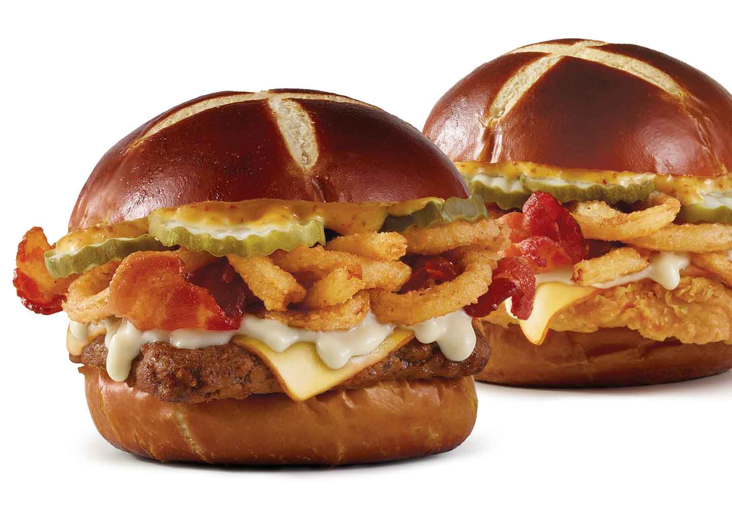 Pretzel Bacon Pub Cheeseburger and Pretzel Bacon Pub chicken sandwich