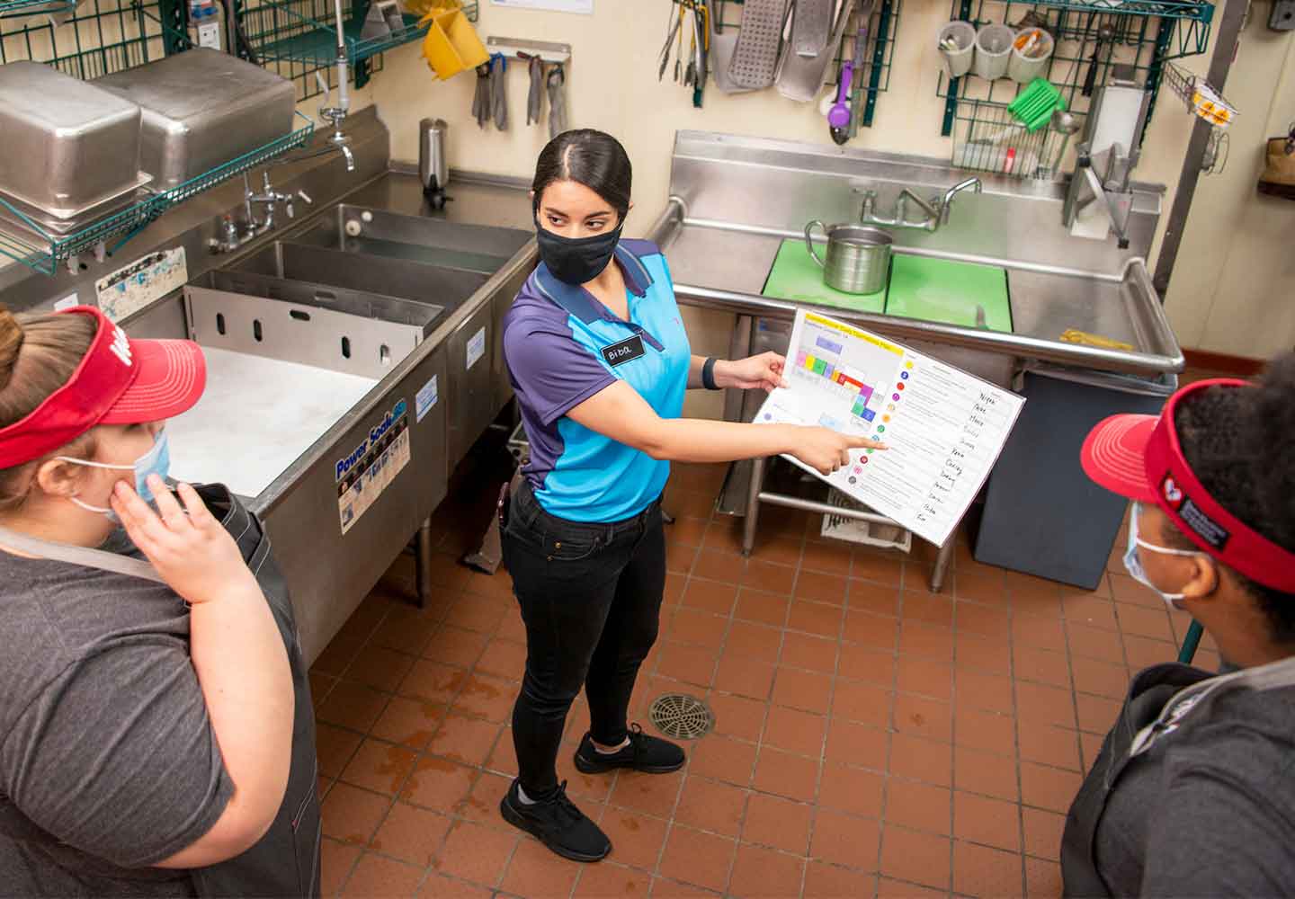 Wendy's crew members in kitchen reviewing chart