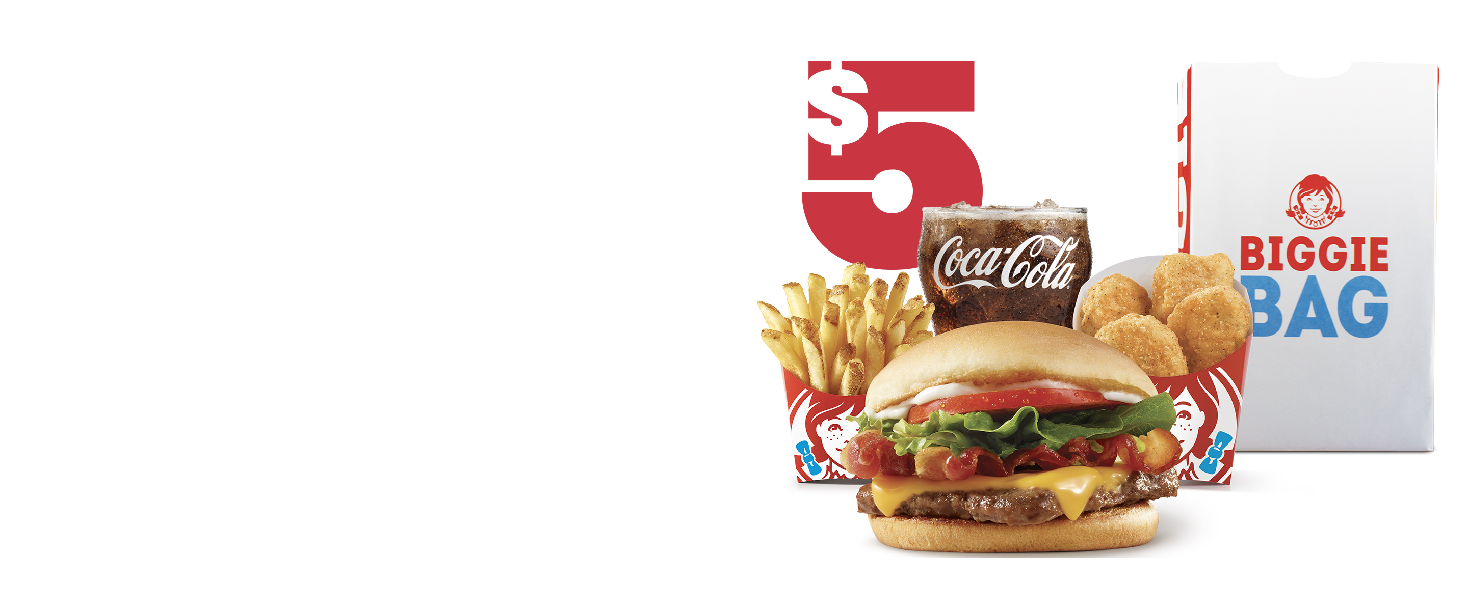 $5 Biggie Bag: Jr. Bacon Cheeseburger, Double Stack™, or Crispy Chicken BLT + 4 pc nuggets, small fry &amp; small drink