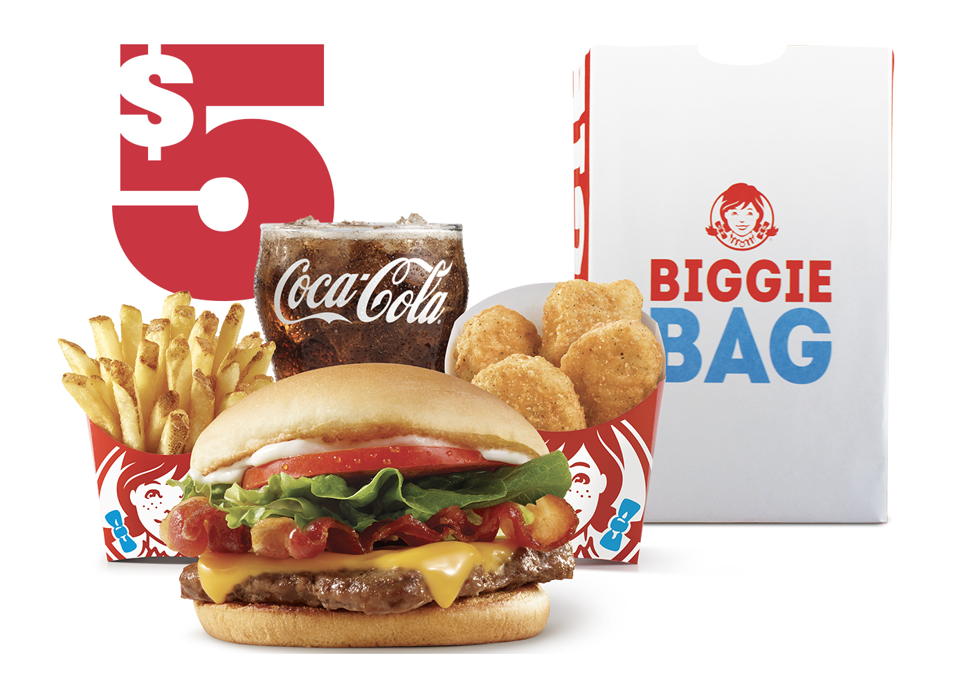 $5 Biggie Bag: Jr. Bacon Cheeseburger, Double Stack™, or Crispy Chicken BLT + 4 pc nuggets, small fry &amp; small drink