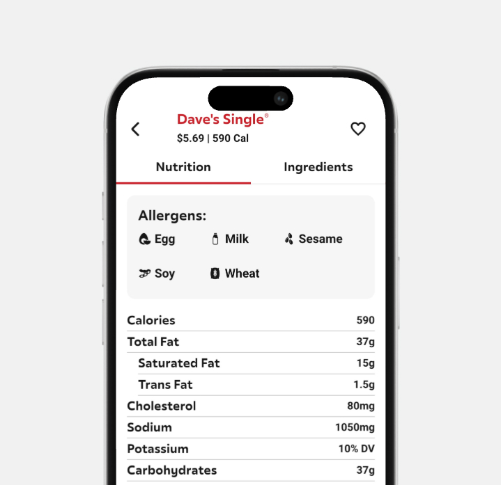 Mobile app nutrition product page