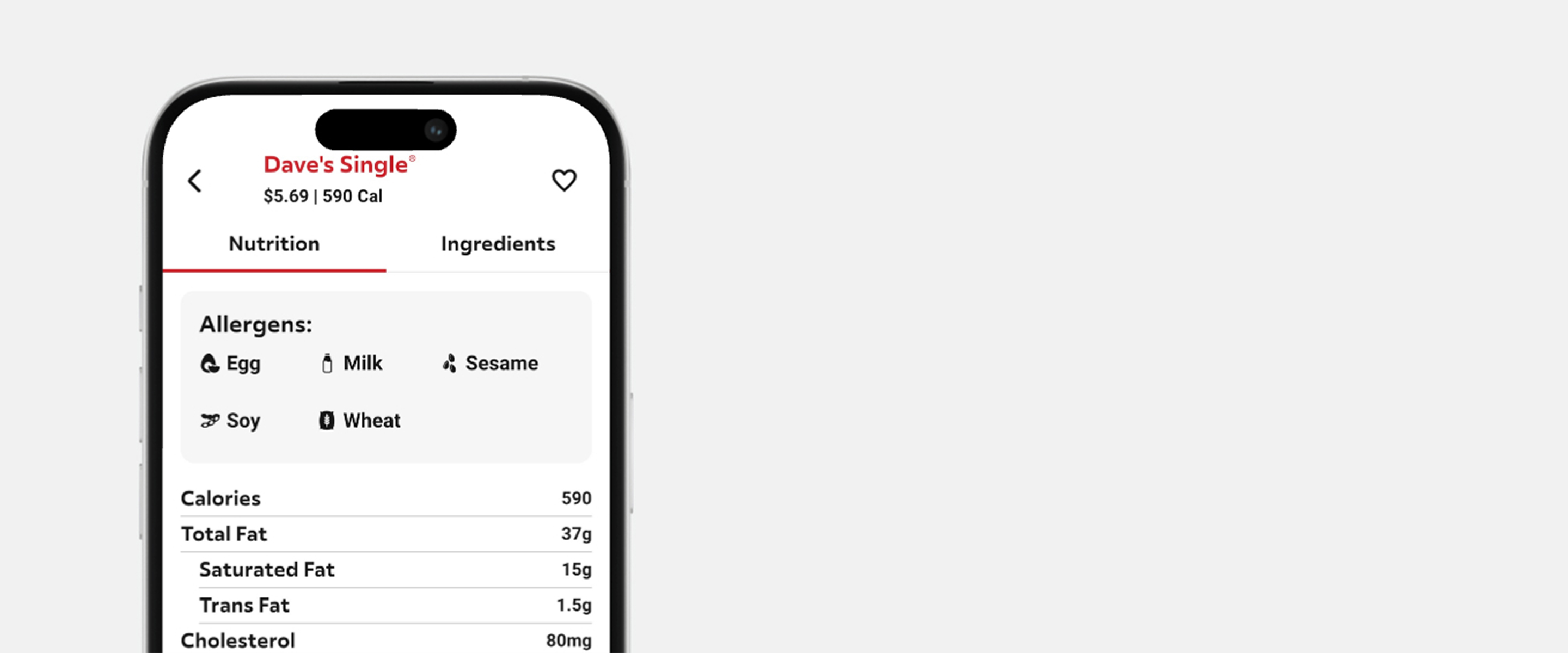 Mobile app nutrition product page