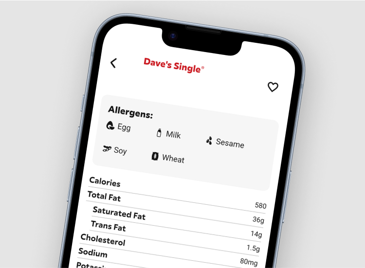 Mobile phone showing Dave's Single nutrition and allergen information