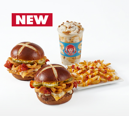 New Pretzel Bacon Pub Chicken Sandwich, Pretzel Bacon Pub Cheeseburger, Bacon Pub Fries, and Apple Crumble Frosty Fusion