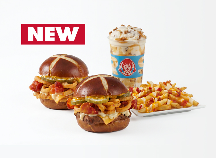 New Pretzel Bacon Pub Chicken Sandwich, Pretzel Bacon Pub Cheeseburger, Bacon Pub Fries, and Apple Crumble Frosty Fusion