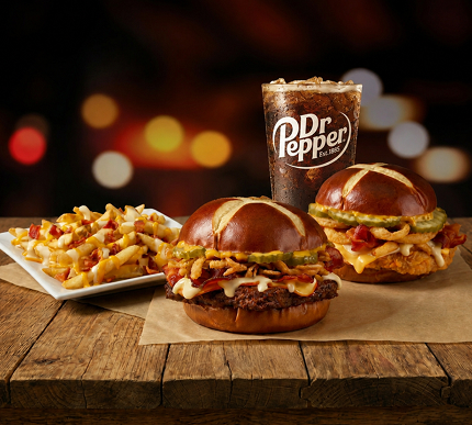 New Pretzel Bacon Pub Chicken Sandwich, Pretzel Bacon Pub Cheeseburger, and Bacon Pub Fries