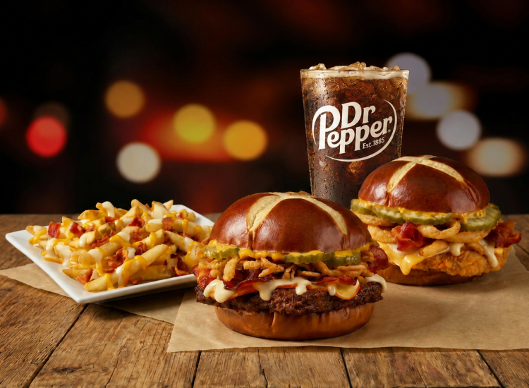 New Pretzel Bacon Pub Chicken Sandwich, Pretzel Bacon Pub Cheeseburger, and Bacon Pub Fries