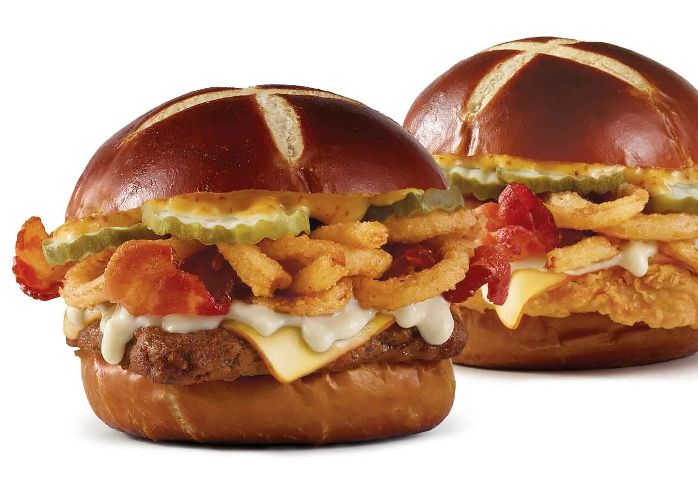 Pretzel Bacon Pub Cheeseburger and Pretzel Bacon Pub chicken sandwich