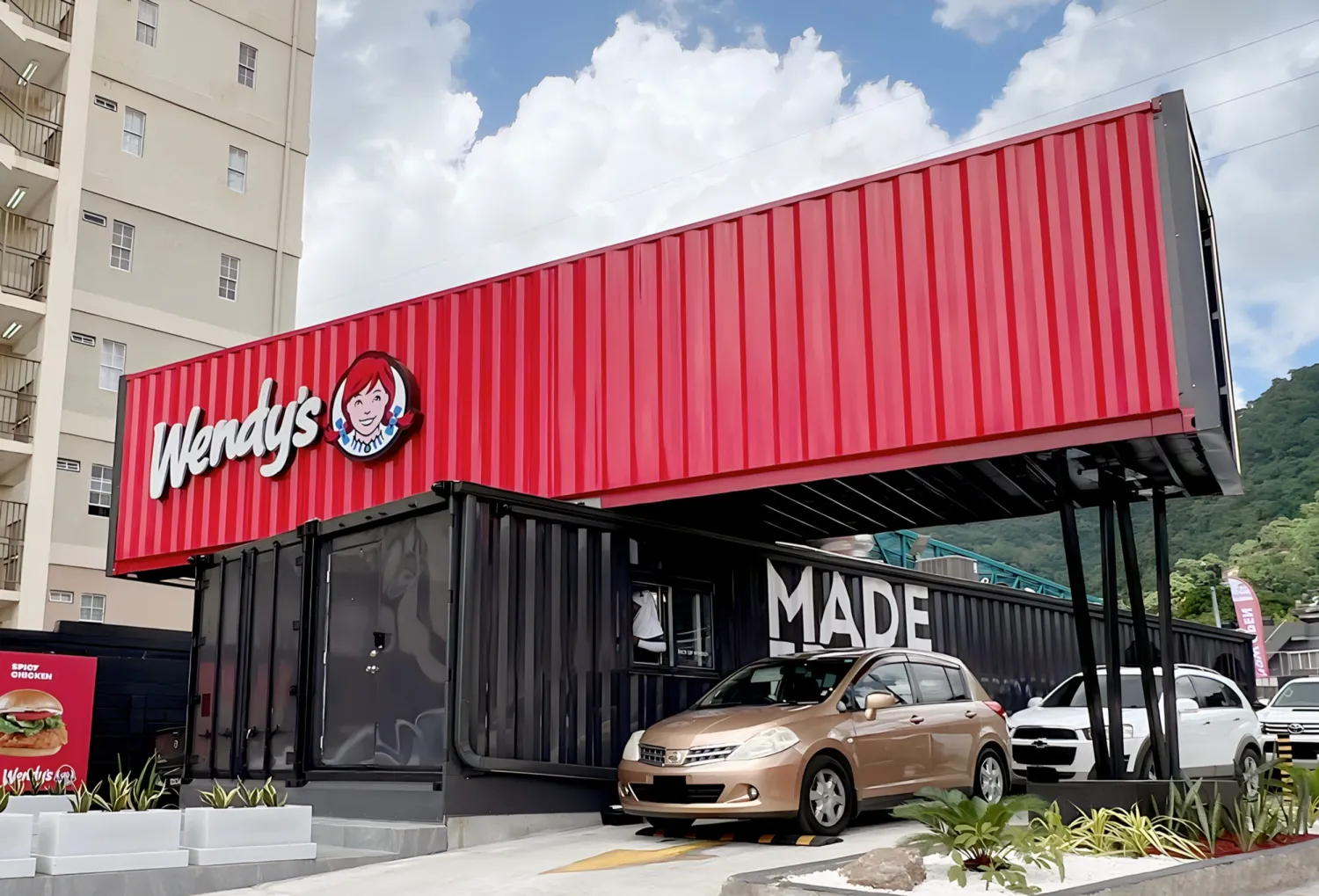 A Wendy's restaurant made out of shipping containers