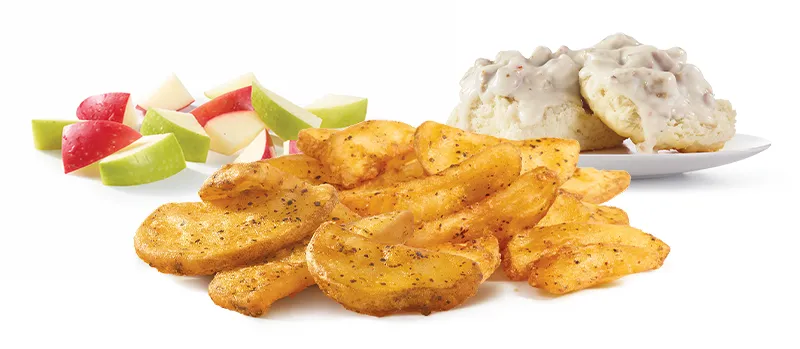 Breakfast Sides &amp; More: Crispy potatoes, Sausage &amp; Gravy Biscuit,apples